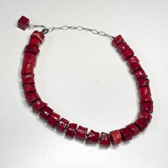Vintage Chunky Red Coral Necklace, Earring Set - Picture 4 of 10